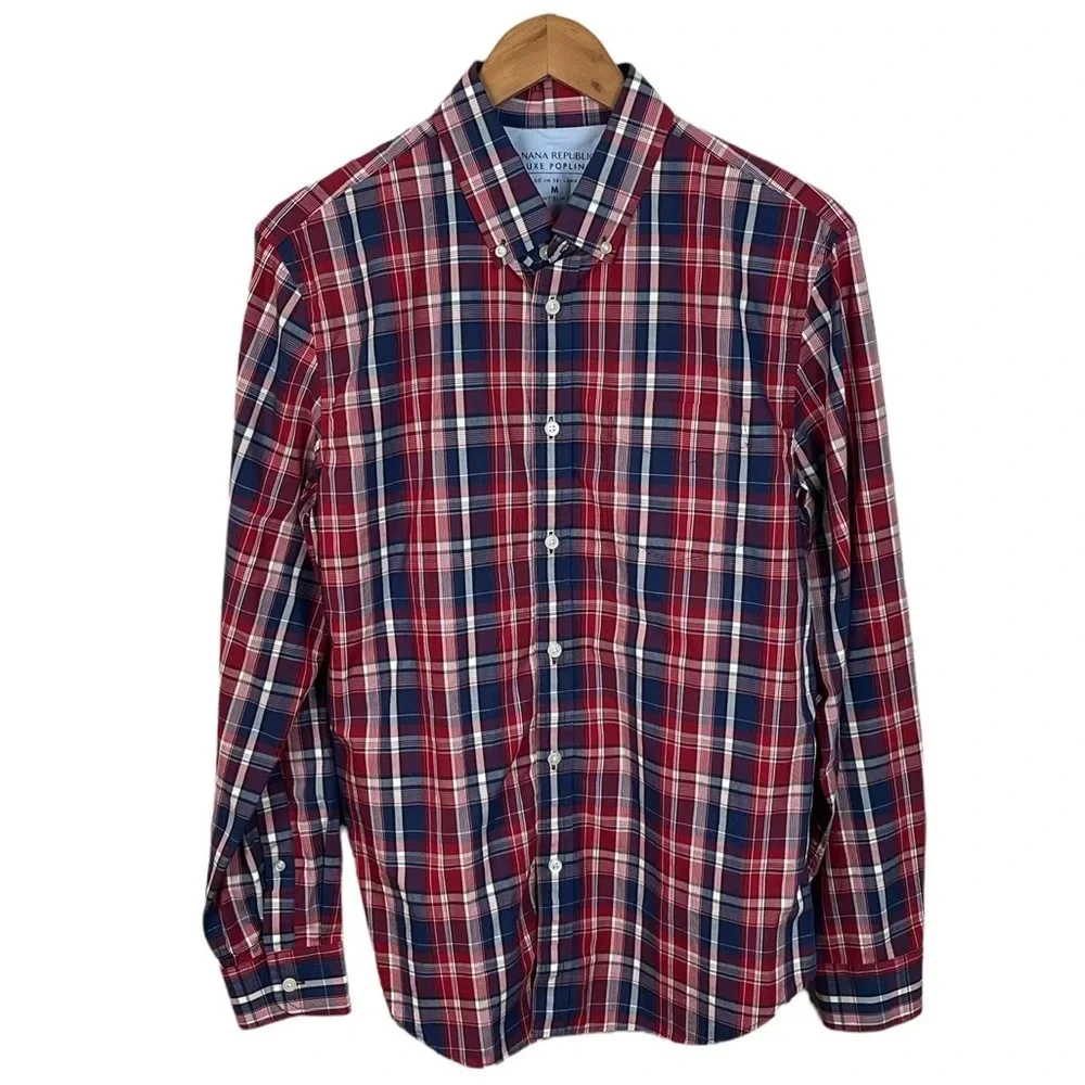 BF861 Mens Banana Republic GRANT Slim Fit Luxe Plaid Poplin Button Down Shirt M